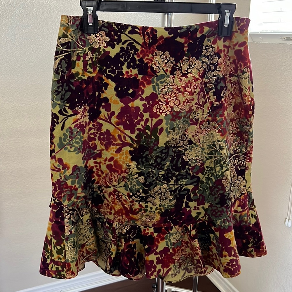ANTHROPOLOGIE ODILLE VELVET FLORAL RUFFLE SKIRT